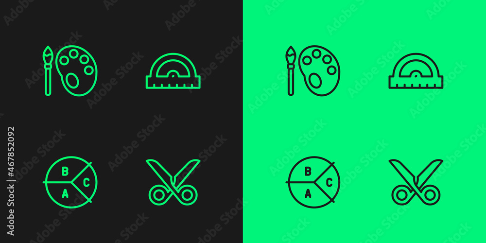 Poster set line scissors, pie chart infographic, paint brush with palette and protractor grid icon. vector