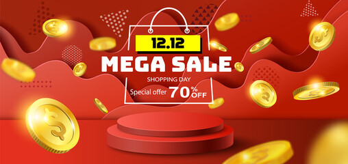 12.12 sale product banner, podium platform with geometric shapes, sale promotion with a discount offer on a special occasion, give voucher, poster or background.