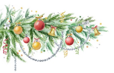 Fototapeta na wymiar Hand painted Holiday illustration christmas tree branch isolated on white background. Christmas traditional tree decorated with silver beads, bells, serpentine, confetti