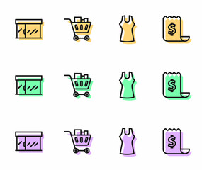 Set line Woman dress, Market store, Shopping cart and food and Paper check financial check icon. Vector