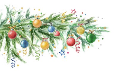 Hand painted Holiday illustration christmas tree branch isolated on white background. Christmas tree decorated with bells, serpentine, confetti