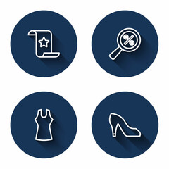 Set line Paper check and financial check, Magnifying glass with percent, Woman dress and shoe with long shadow. Blue circle button. Vector