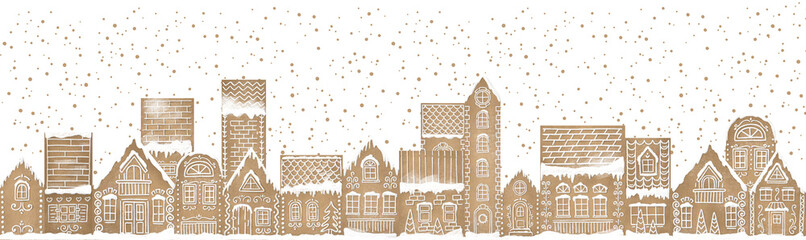 Christmas Vintage Gingerbread village background. Winter landscape Horizontal border. Greeting card template.