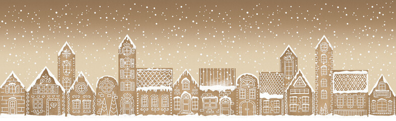Christmas Vintage Gingerbread village background. Winter landsca - 467853473