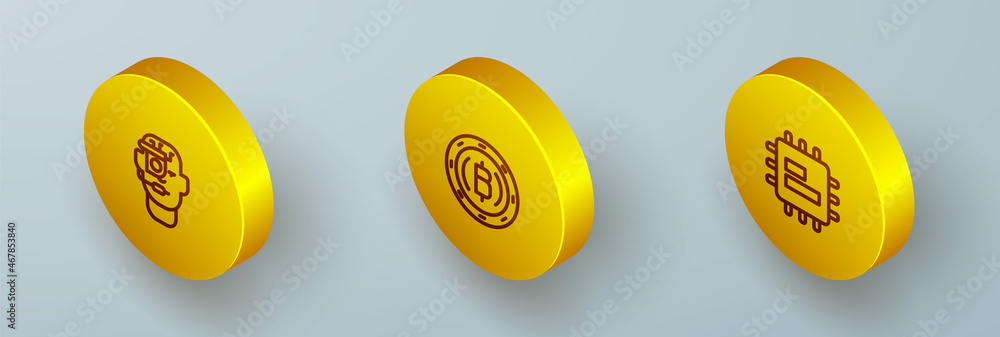 Poster set isometric line smart glasses on spectacles, cryptocurrency coin bitcoin and processor cpu icon. 