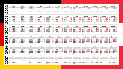 2022 2023 2024 2025 2026 2027 full years german language calendar grids, each year in row