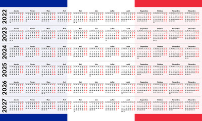2022 2023 2024 2025 2026 2027 full years french language calendar grids, each year in row