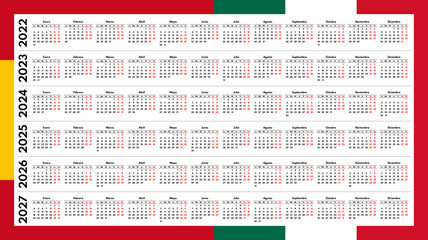 2022 2023 2024 2025 2026 2027 spanish monthly calendar grid, vector template