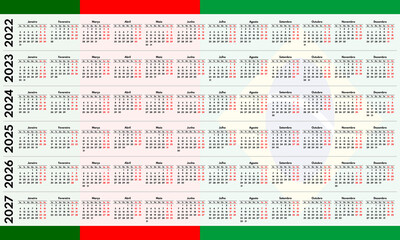 2022 2023 2024 2025 2026 2027 full years portuguese language calendar grids, each year in row