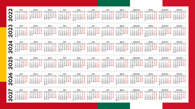 2022 2023 2024 2025 2026 2027 spanish monthly calendar grid, vector template
