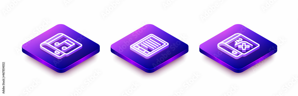 Poster set isometric line audio book, e-book reader and with mathematics icon. vector