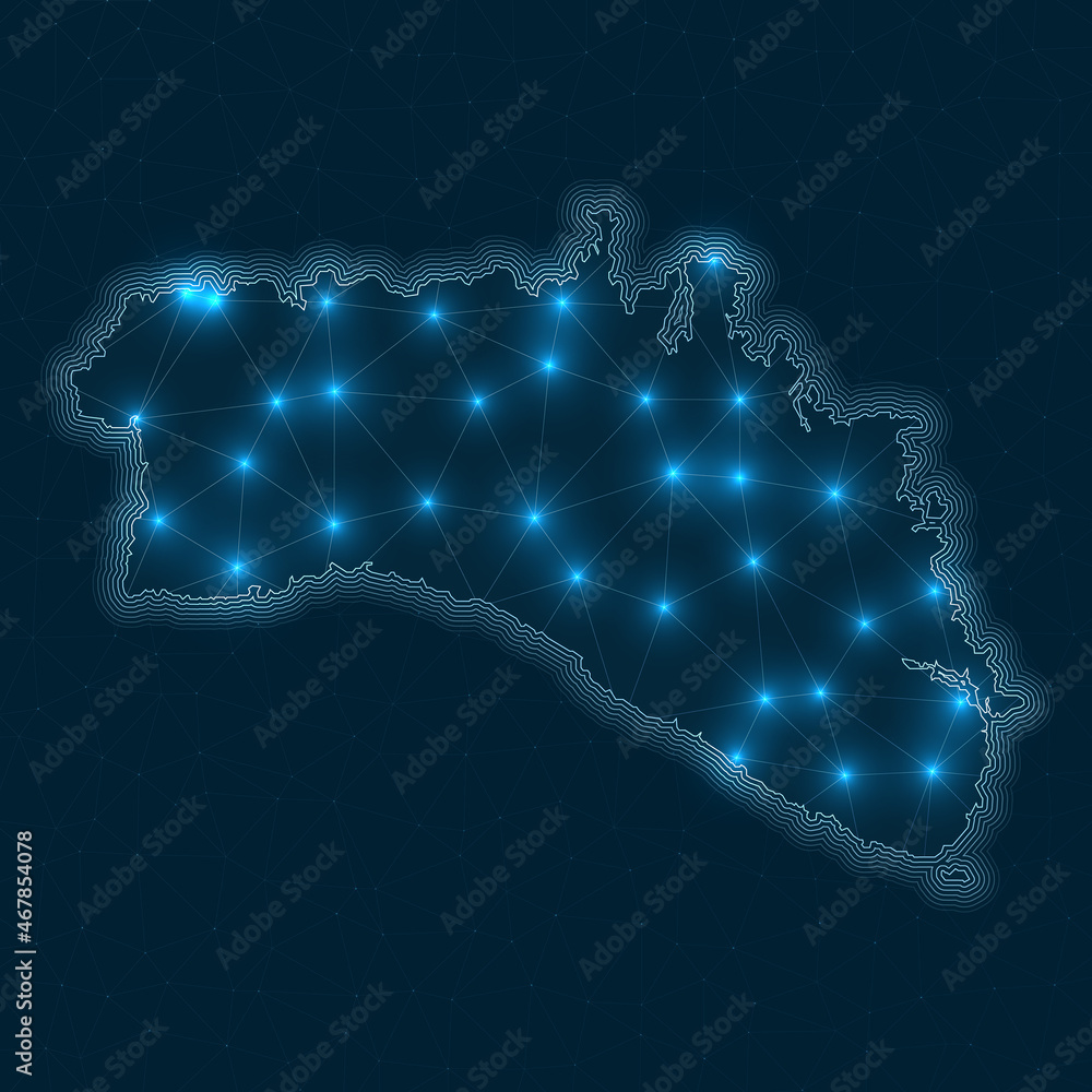Poster minorca network map. abstract geometric map of the island. digital connections and telecommunication