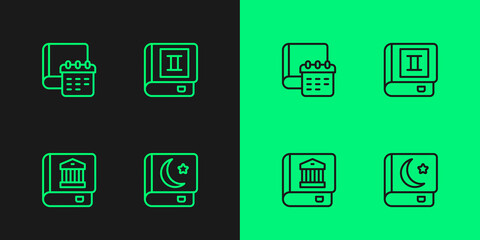 Set line Holy book of Koran, Law, Daily paper notepad and Book icon. Vector