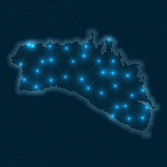 Minorca network map. Abstract geometric map of the island. Digital connections and telecommunication design. Glowing internet network. Superb vector illustration.