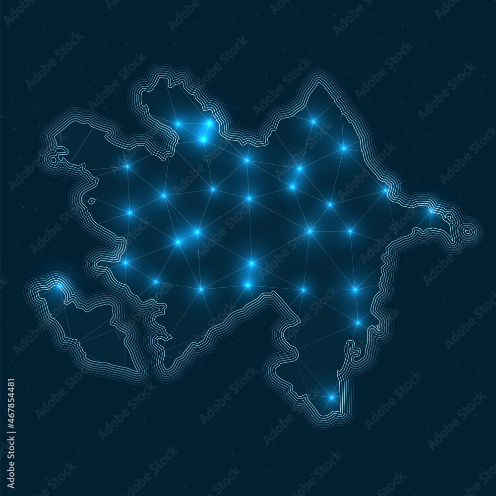 Poster azerbaijan network map. abstract geometric map of the country. digital connections and telecommunica