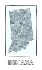 Sketch map of Indiana. Grayscale hand drawn map of the us state. Filled regions with hachure stripes. Vector illustration.