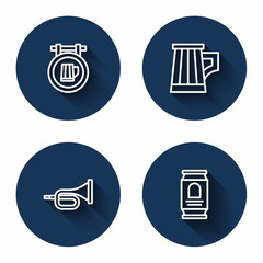 Set line Street signboard with beer, Wooden mug, Trumpet and Beer can with long shadow. Blue circle button. Vector