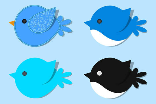 Blue bird vector. Set of colored bird styles on birch background