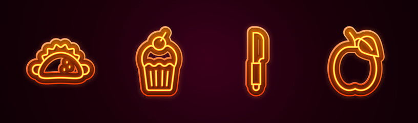 Set line Taco with tortilla, Muffin, Knife and Plum fruit. Glowing neon icon. Vector