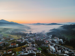 aerial view of bukovel village in ukrainian carpathian mountain range