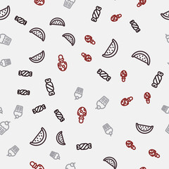 Set line Candy, Watermelon, Muffin and Fly agaric mushroom on seamless pattern. Vector