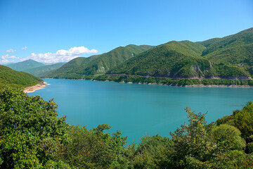 Fototapeta na wymiar Beautiful blue lake in the mountains of Georgia.