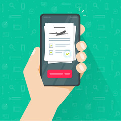 Flight abroad travel insurance online on phone vector or trip safety protection legal document on person man mobile cellphone flat cartoon illustration, airplane accident business care coverage doc