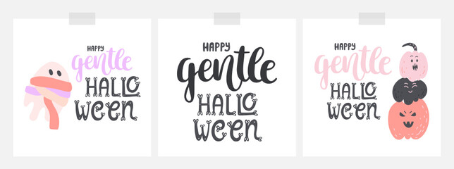 Fototapeta premium Cute Halloween card designs in pink and black colors. With lettering and calligraphy, and doodle illustrations - ghost and pumpkins. Vector on white cards.