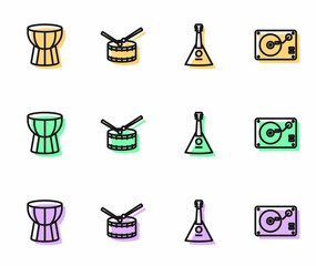 Set line Balalaika, African darbuka drum, Drum with sticks and Vinyl player vinyl disk icon. Vector