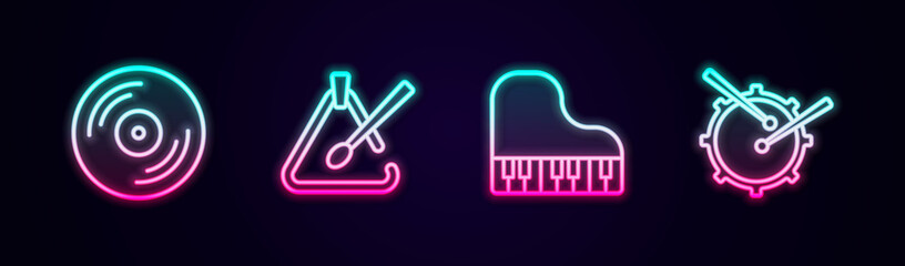 Set line Vinyl disk, Triangle musical instrument, Grand piano and Drum with drum sticks. Glowing neon icon. Vector