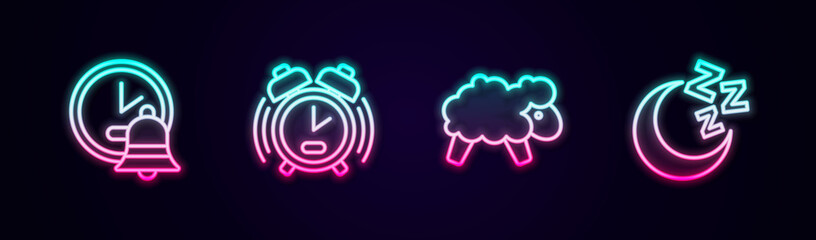 Set line Alarm clock, Sheep and Moon and stars. Glowing neon icon. Vector