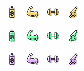 Set line Dumbbell, Fitness shaker, Bodybuilder showing his muscles and Whistle icon. Vector