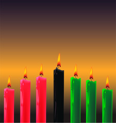 Illustration Of Happy Kwanzaa Greeting Card Background with seven black, green and red candlesticks, symbolizing the 7 principles of African Heritage (Nguzo Saba)