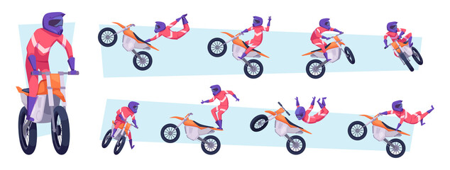 Freestyle motocross. Sport bike riders jump style exact vector motocross drivers in action poses