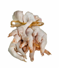 Chicken legs on a white plate, Asian cuisine. Fresh chicken legs tied with a rope, chicken fingers.