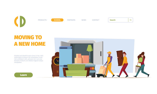 Relocation landing. Furniture transportation to new house people with cardboard packages garish vector web page template