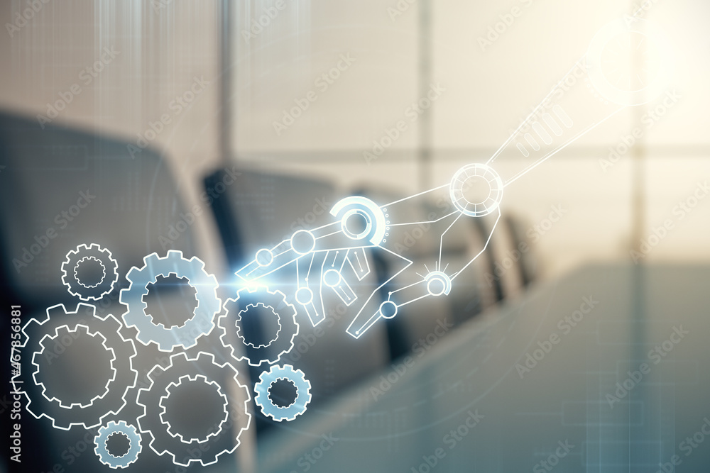 Poster abstract virtual robotics technology hologram on a modern coworking room background, artificial inte