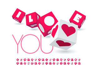 Vector greeting card I Love You with Cubed shape Alphabet Letters and Numbers set. Trendy Block Font