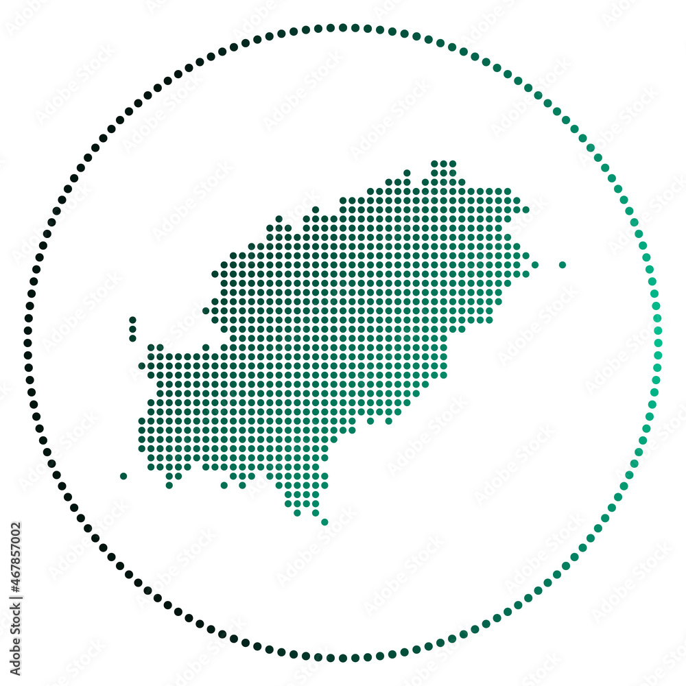 Poster ibiza digital badge. dotted style map of ibiza in a circle. tech icon of the island with gradiented 