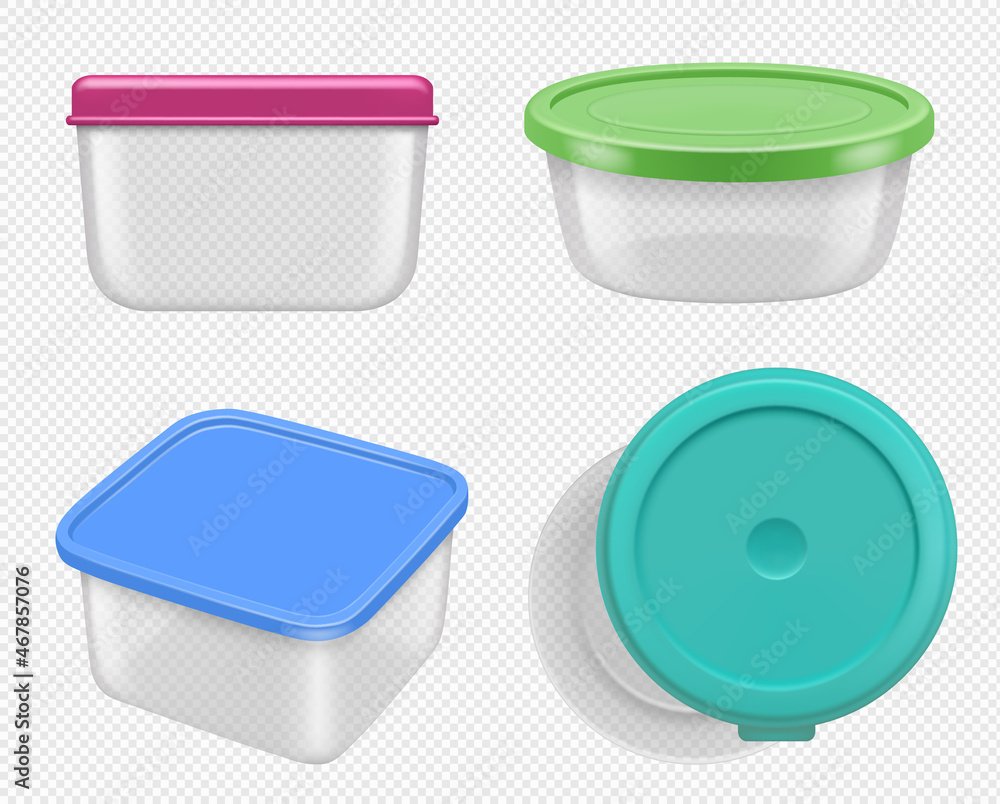 Poster plastic containers. boxes for food various views containers collection decent vector realistic templ
