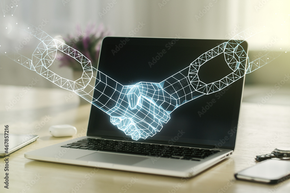 Poster creative abstract block chain technology sketch with handshake on modern laptop background, future t