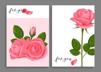 Rose postcards. Realistic roses cards, love romantic banners. For you lovely flowers vector templates