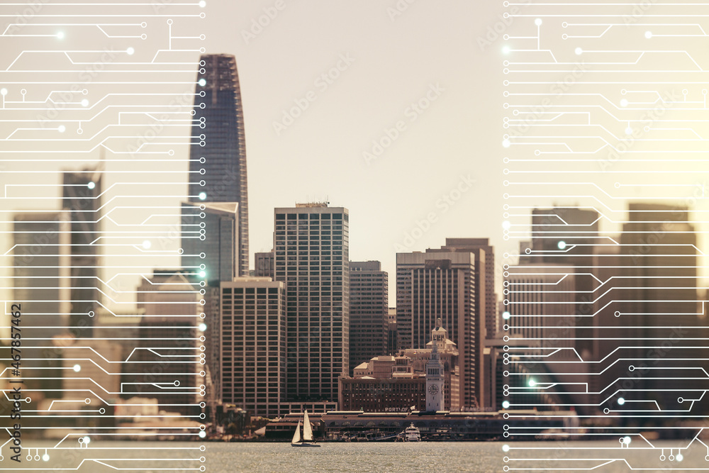 Aufkleber abstract virtual micro circuit sketch on san francisco office buildings background, future technolog