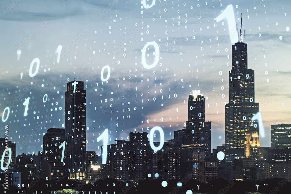 Leinwandbilder double exposure of abstract virtual binary code hologram on chicago city skyscrapers background. dat
