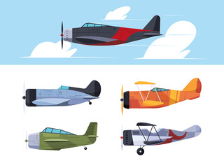 Retro plane. Civil aviation old style plane in sky travel symbols garish vector illustration in flat style © ONYXprj