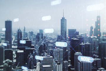 Double exposure of abstract creative programming illustration on Chicago office buildings background, big data and blockchain concept