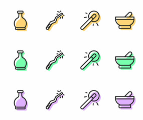 Set line Magic wand, Bottle with potion, and Witch cauldron icon. Vector