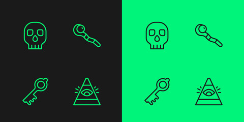 Set line All-seeing eye of God, Old magic key, Skull and Magic staff icon. Vector