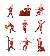 Funny santa. Christmas fairy tale character in action poses holding gifts making exercises red jackets and pants garish vector cartoon illustration