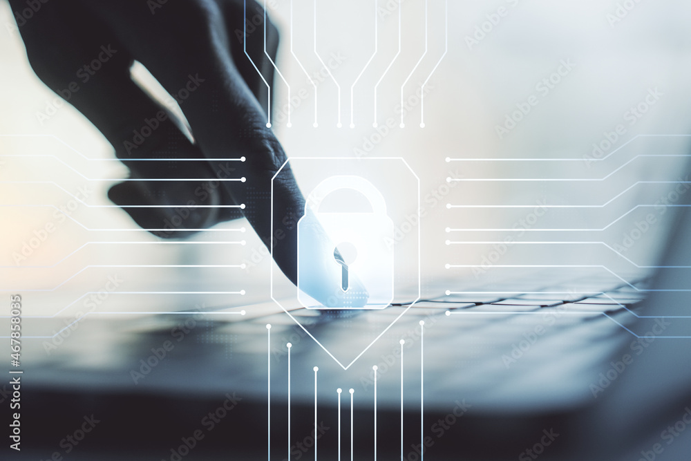Leinwandbilder creative lock illustration with microcircuit and hands typing on computer keyboard on background, cy
